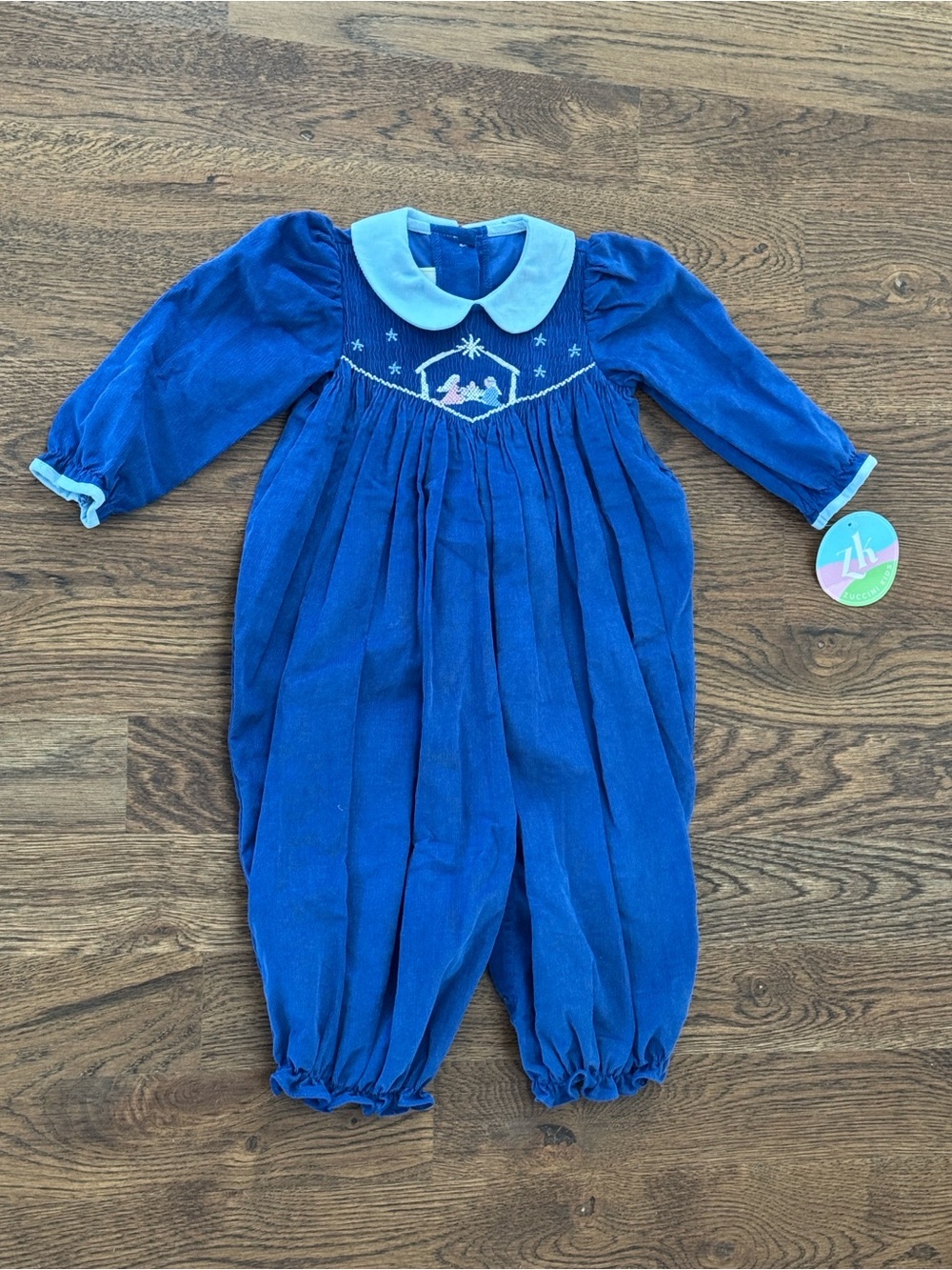 Zuccini Kids Nativity Smocked Blue Long Bubble Corduroy Romper New With Tags